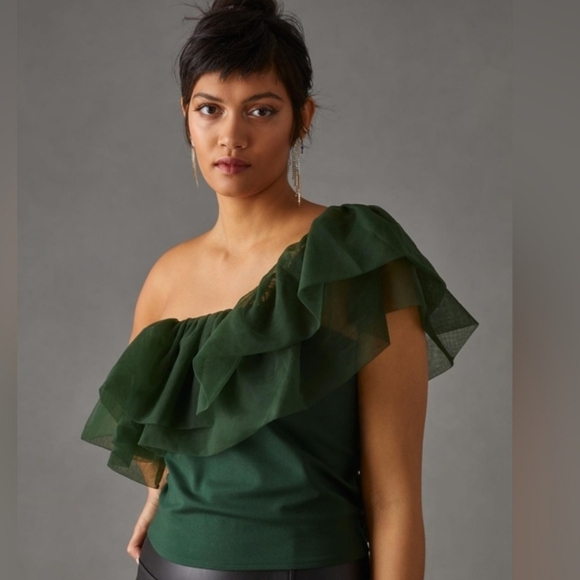 SUNDAY IN BROOKLYN One-Shoulder TOP Smocked Back Front Ruffle Green  medium EUC - Picture 5 of 13